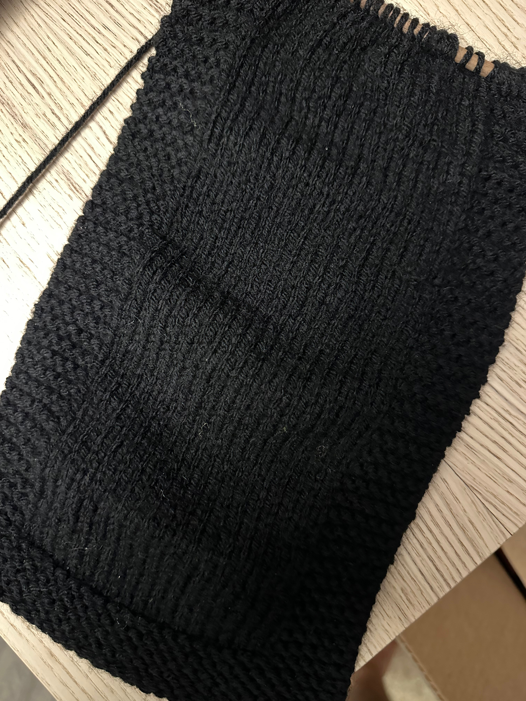 knitting project on the needle, a black scarf that I started back in early 2021